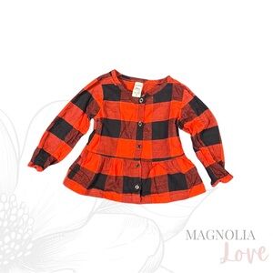 🦬 Carter’s Red Black Buffalo Check Plaid Girls Shirt Top 24M INSIDE NAME STAMP